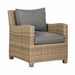 Rattan armchair from the Wentworth Deluxe Sofa Dining Set, featuring plush grey cushions for added comfort and style.