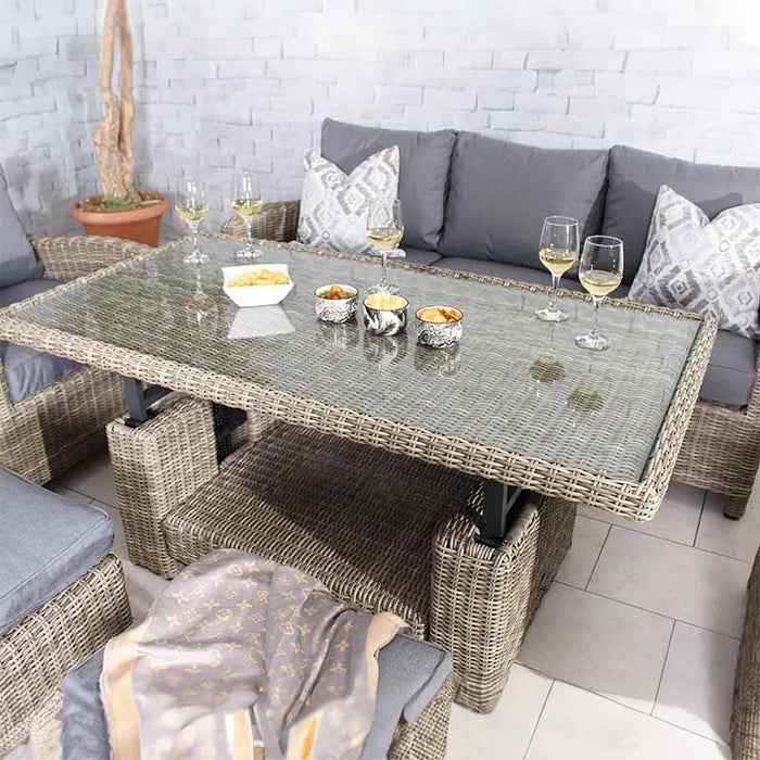 Lifestyle setup of the Wentworth Deluxe Sofa Dining Set with a glass-top table, perfect for enjoying drinks and snacks in a relaxed setting.