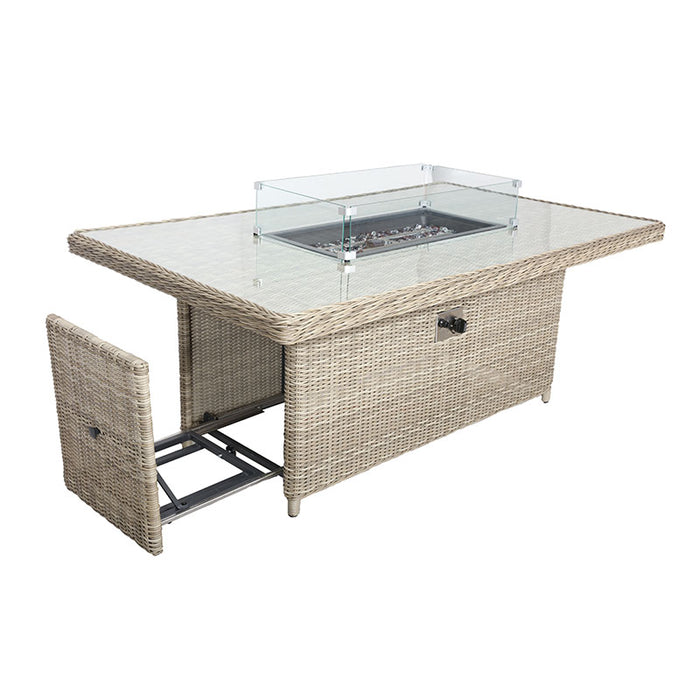 Side view of the Wentworth rectangular table with the fire pit mechanism extended, highlighting the versatility and function of the dining set.