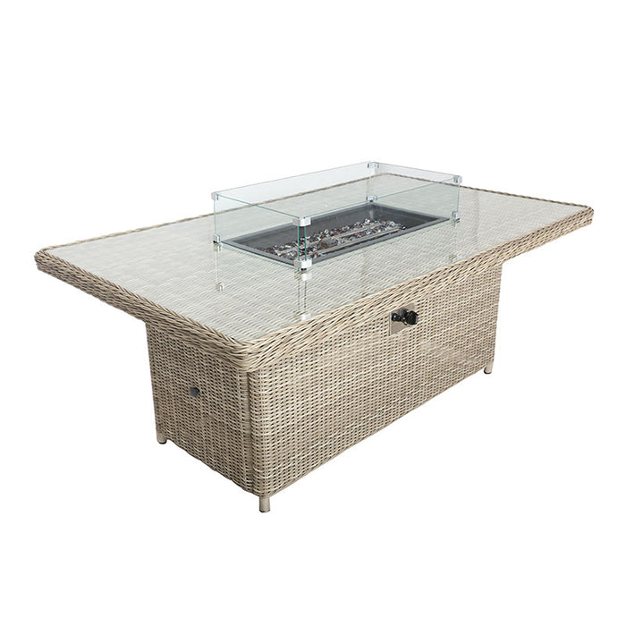 Top view of the Wentworth rectangular table with glass top and integrated fire pit, showing the elegant design.