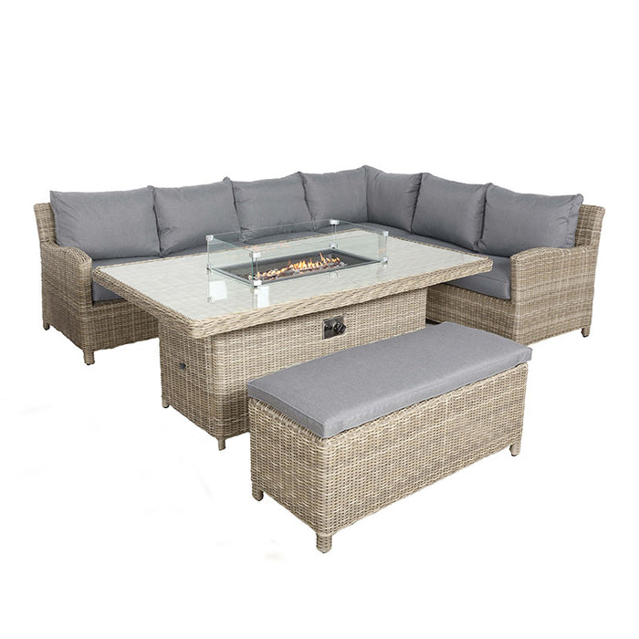 Complete view of the Wentworth Fire Pit Dining & Lounge Set, including a rattan corner sofa, rectangular fire pit table, and matching bench, ideal for outdoor spaces.