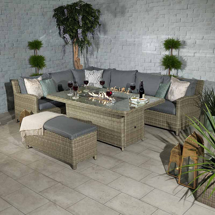 Indoor setting of the Wentworth Fire Pit Corner Dining & Lounge Set with Rectangular Table, highlighting the spacious seating area and cosy atmosphere.