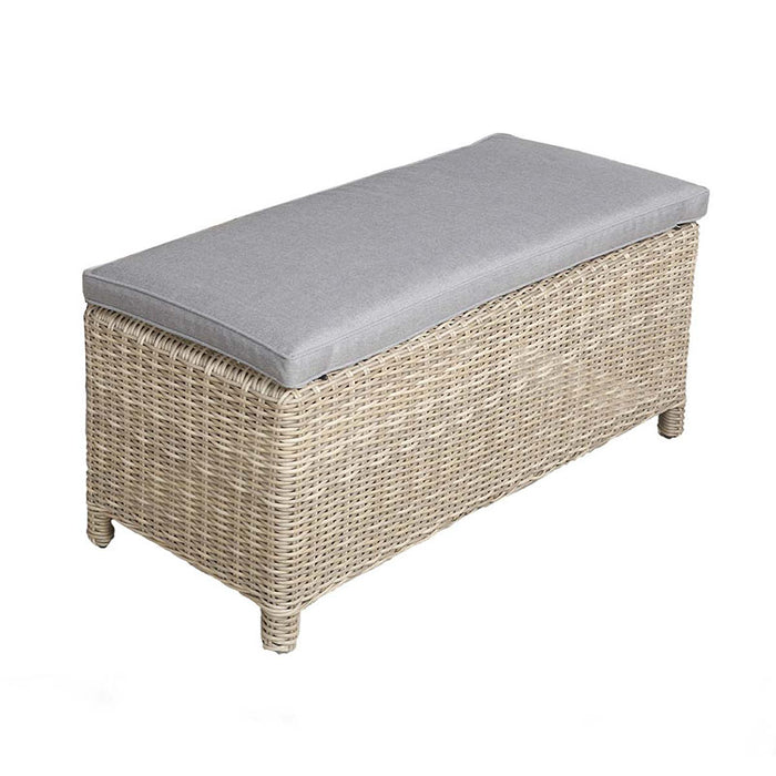 Wentworth Fire Pit Dining & Lounge Set bench with comfortable grey cushion, designed for stylish outdoor seating.