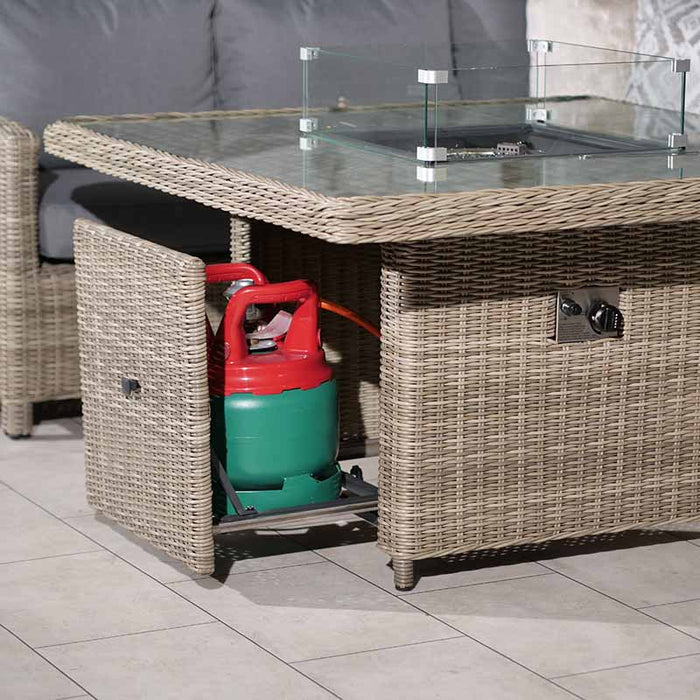 Gas bottle securely stored inside the Wentworth fire pit table’s storage compartment.