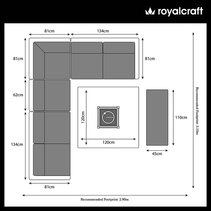 Wentworth fire pit dining & lounge set floor plan showing square table layout with recommended footprint.