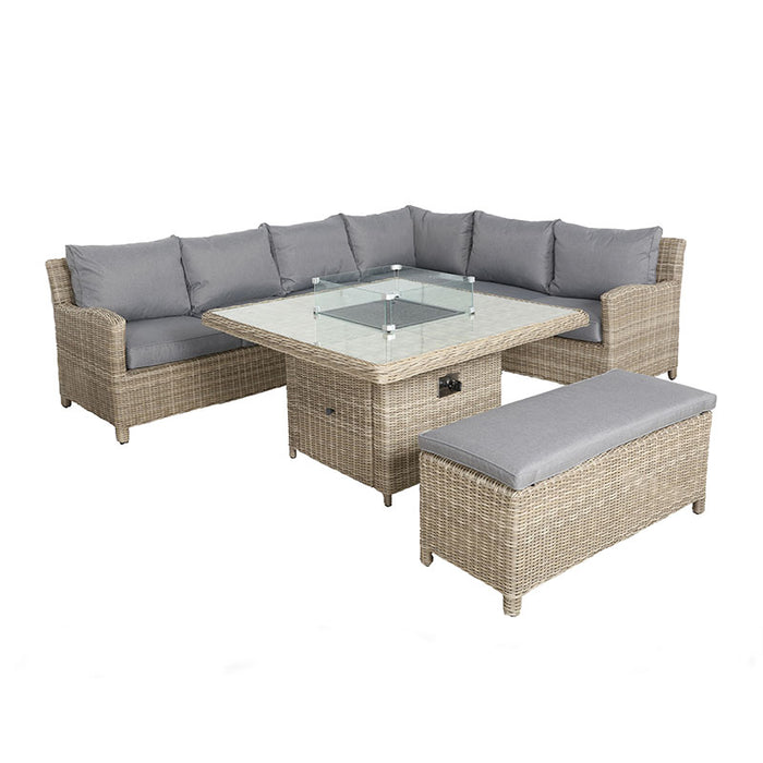 Wentworth Fire Pit Dining & Lounge Set with square table, complete view highlighting the luxurious rattan sofa and integrated fire pit for outdoor comfort.