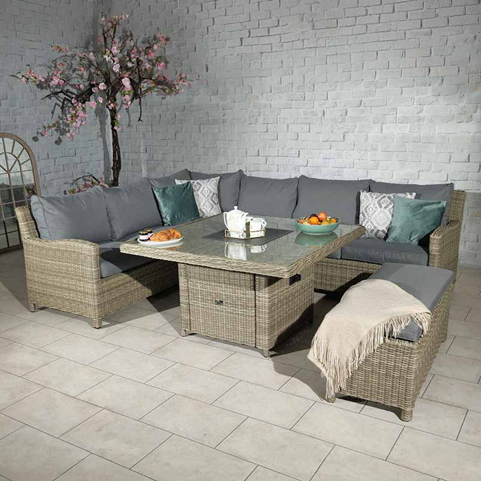 Complete view of the Wentworth Fire Pit Dining & Lounge Set with square table, perfect for indoor gatherings with its elegant rattan design.