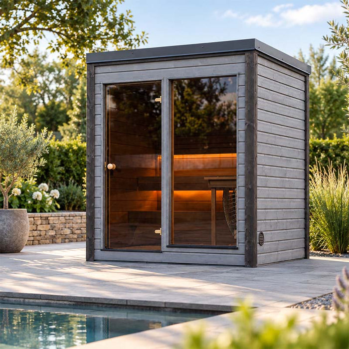 Woodnest Lucia 2 Person Outdoor Sauna beside a pool, with grey wood cladding, full-height glazing and warm interior lighting.