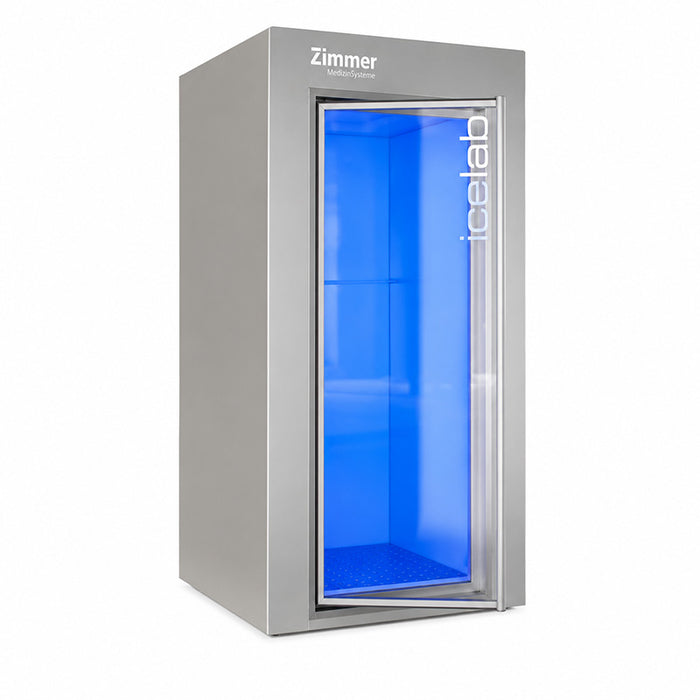 Compact Zimmer VIP Cryotherapy Chamber with open glass door, designed for professional whole-body cryotherapy clinics and wellness centres.
